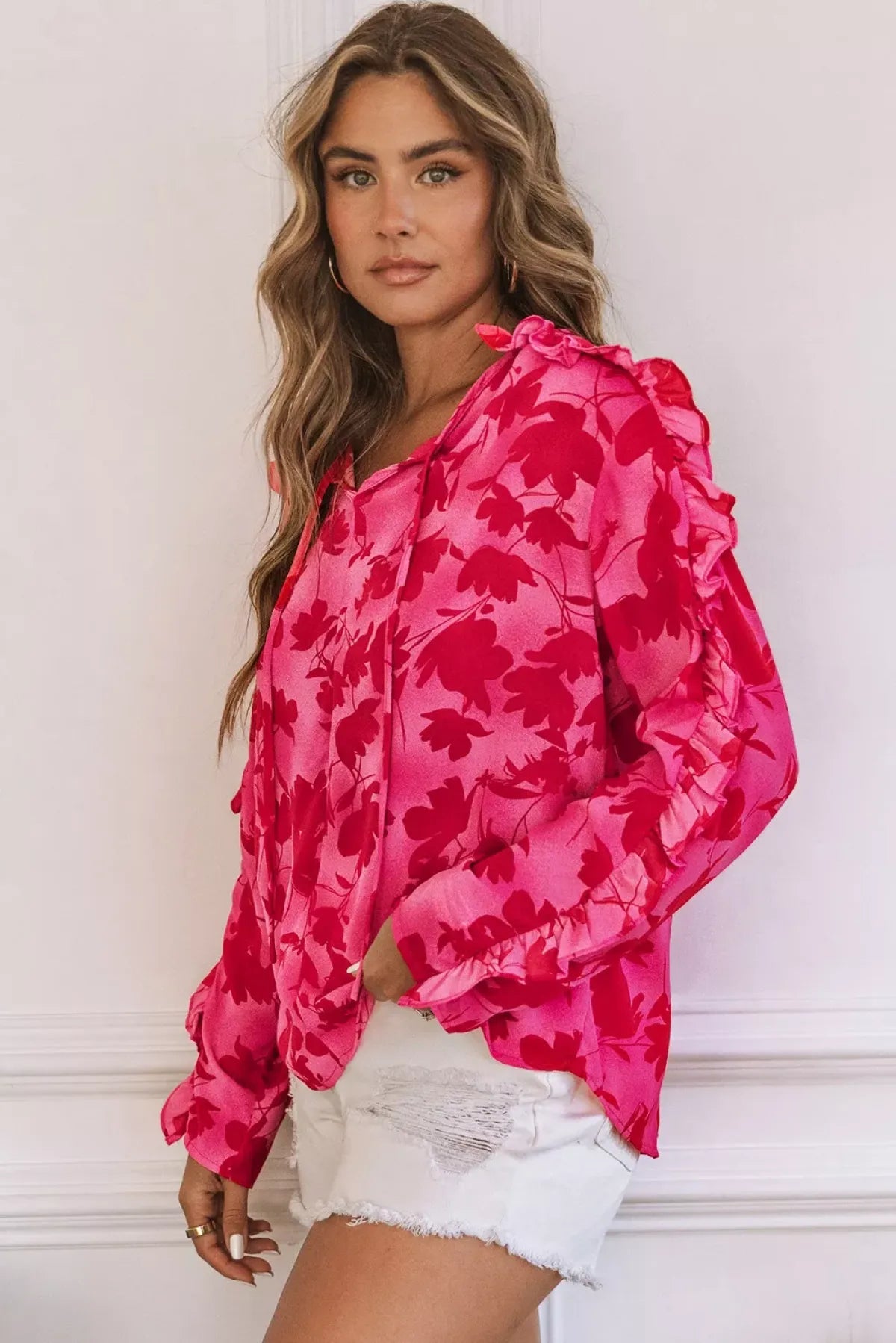 Rose Ruffled Floral Print Blouse