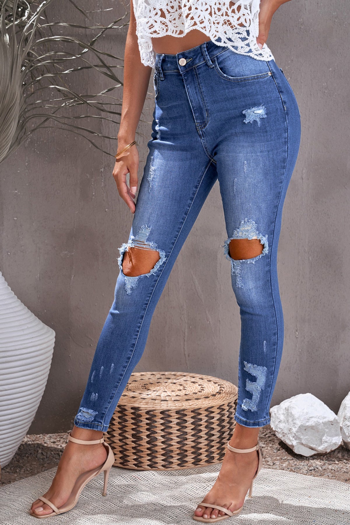 Blue Ripped Distressed High Waist Skinny Jeans