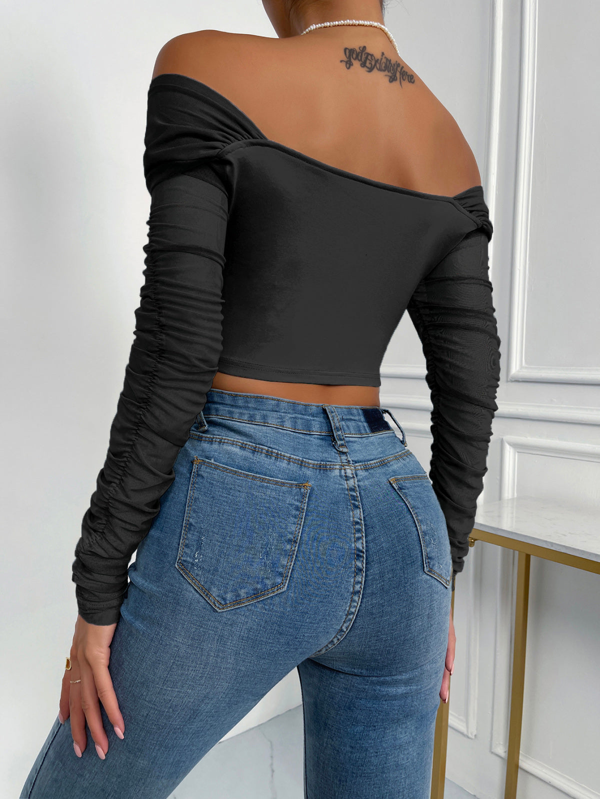 Off-Shoulder Mesh Sleeve Crop Top