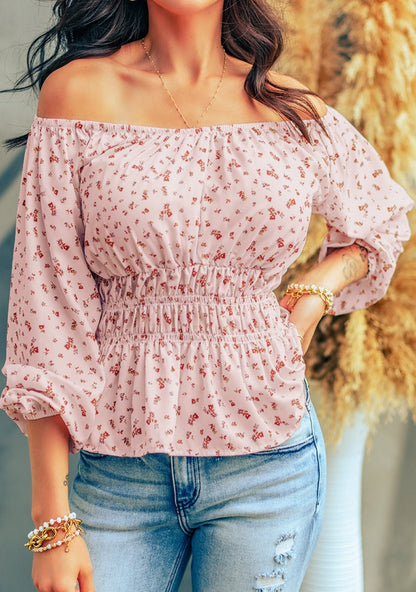 Pink Floral Off Shoulder Smocking Waist Peplum Blouse