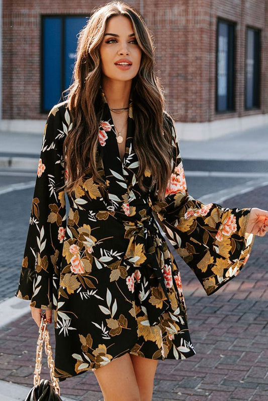 Black Palazzo Floral Ruffle Wrap Dress