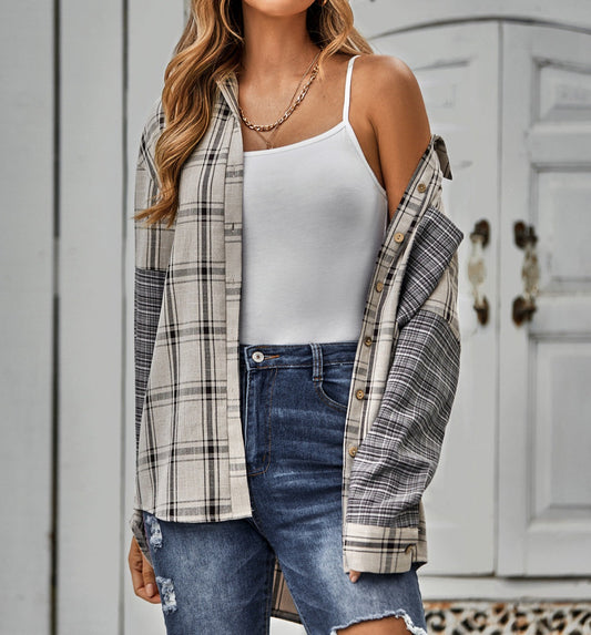 Collared Neck Long Sleeve Colorblock Plaid Blouse