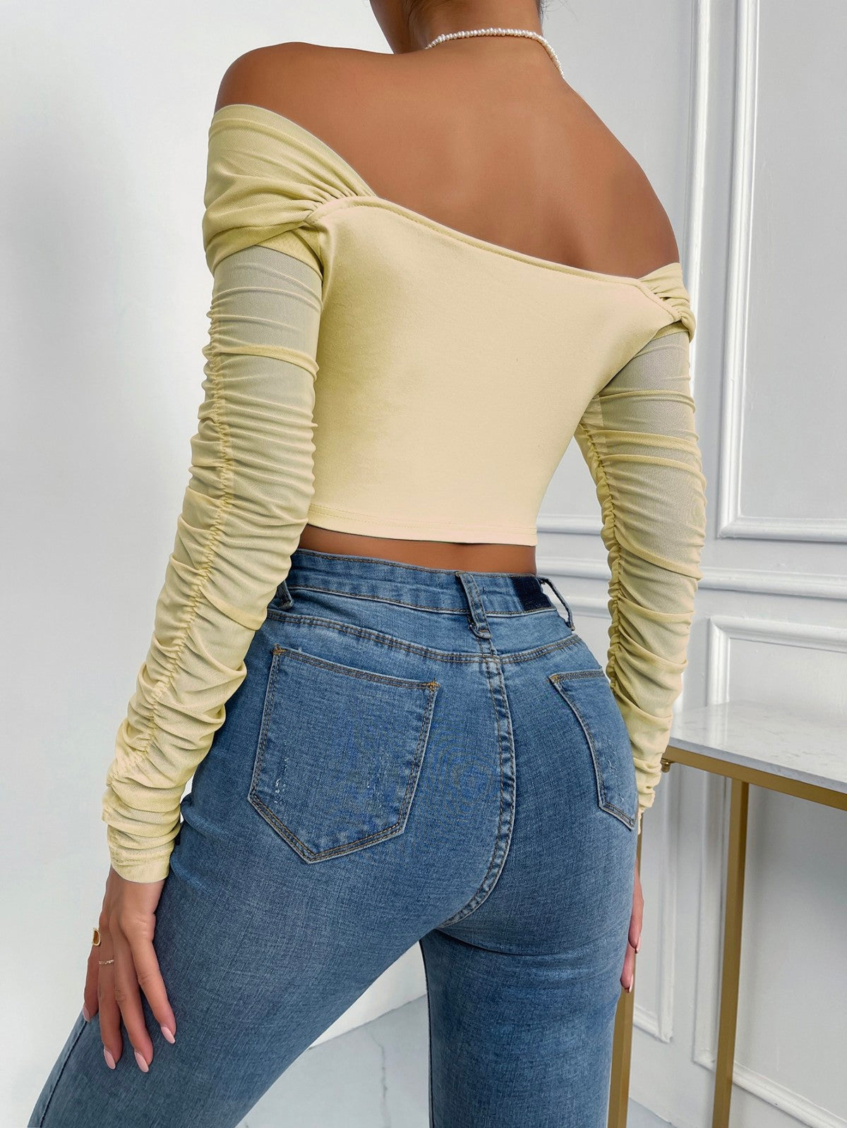 Off-Shoulder Mesh Sleeve Crop Top