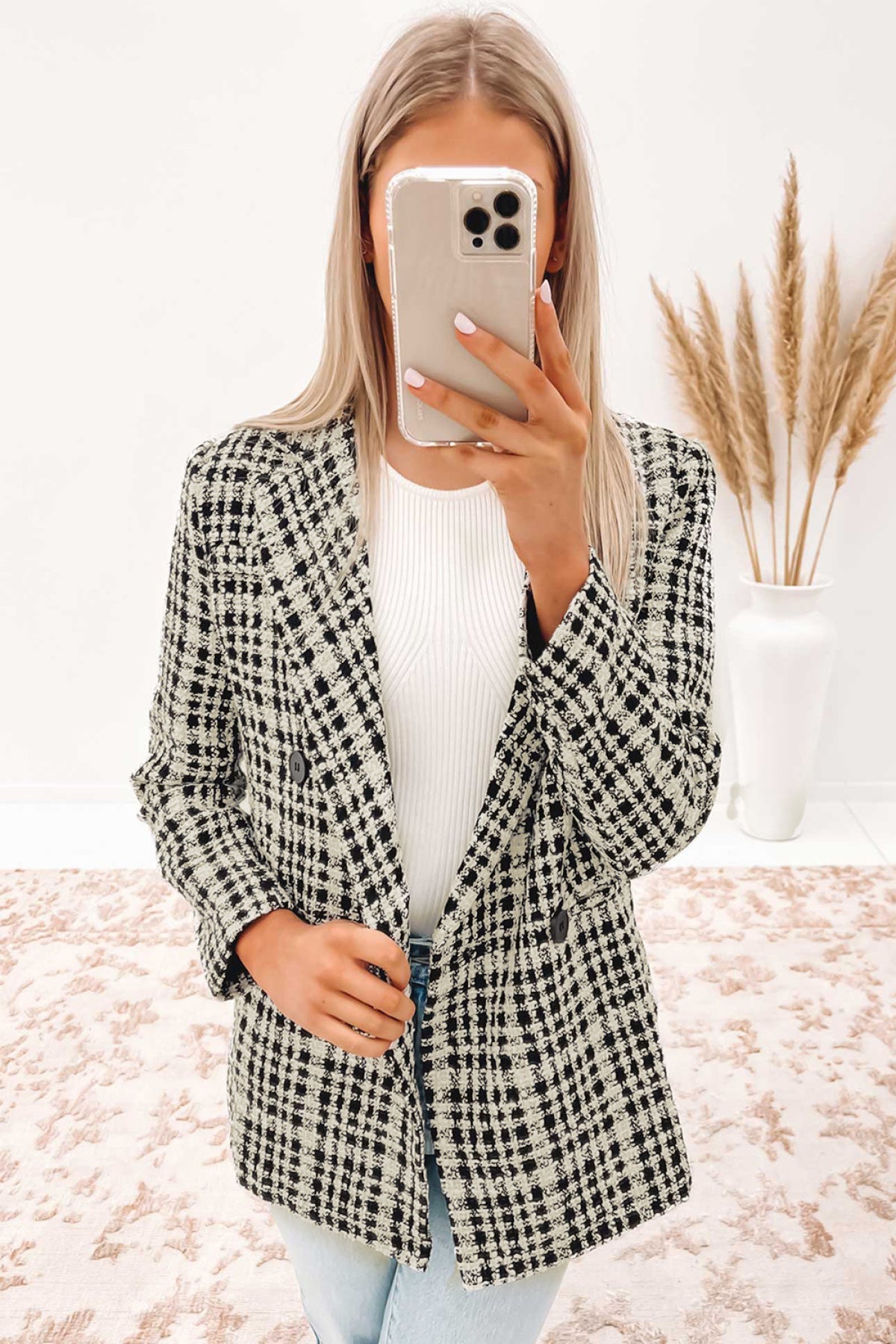 Black White Lapel Collar Buttoned Tweed Blazer