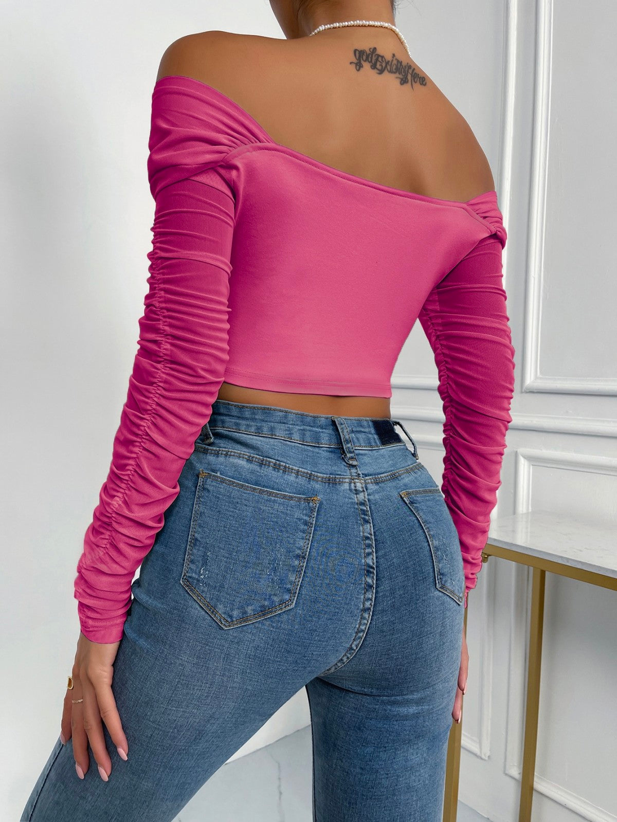 Off-Shoulder Mesh Sleeve Crop Top