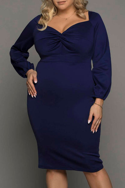 Long Sleeve Front Knot Plus Size Midi Dress