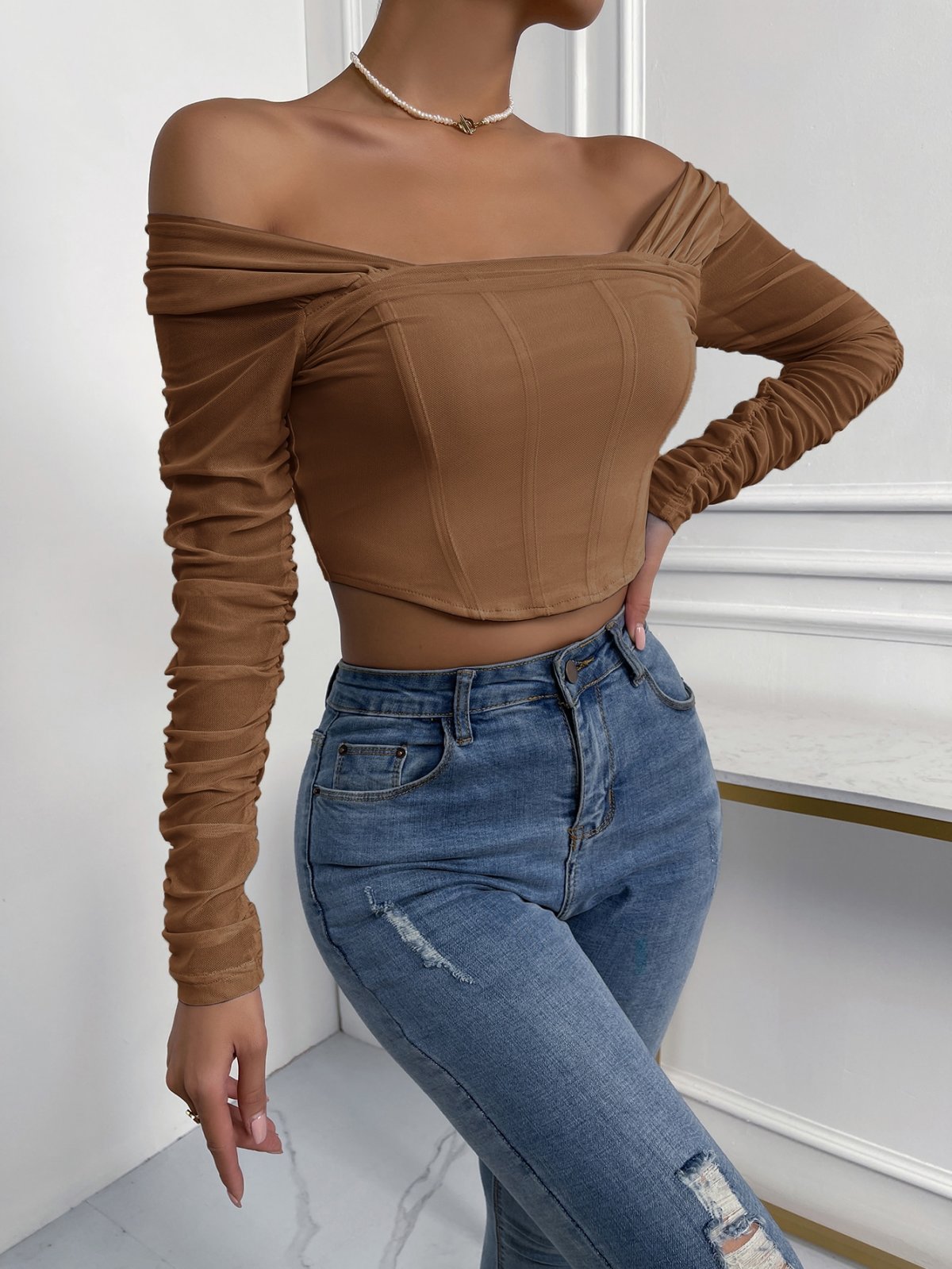 Off-Shoulder Mesh Sleeve Crop Top