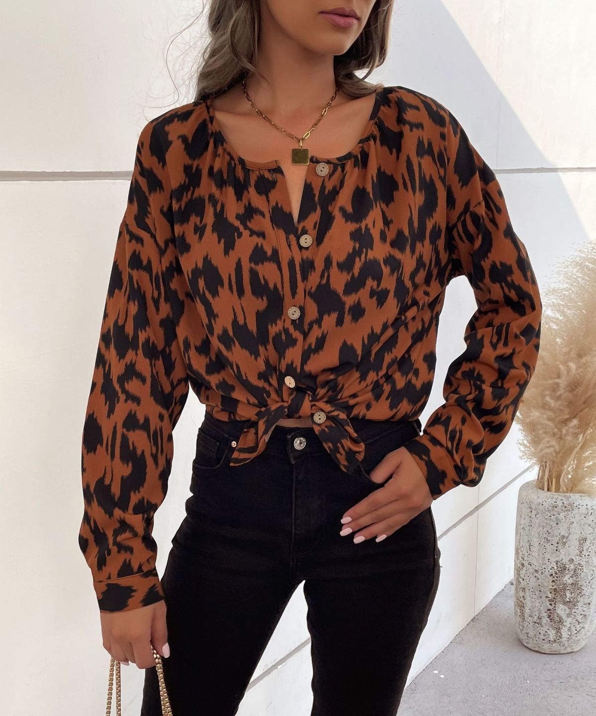 Round Neck Button Down Leopard Blouse