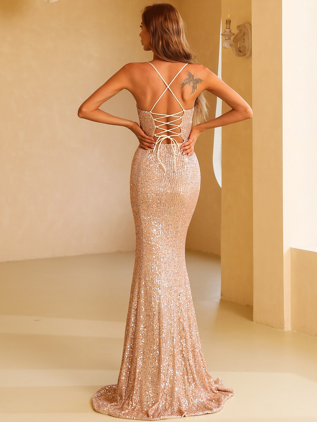 Crisscross Lace Up Zipped Backless Split Sequin Dress