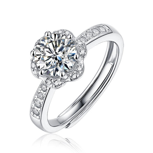 Flower-Shaped Sterling Silver Moissanite Adjustable Ring