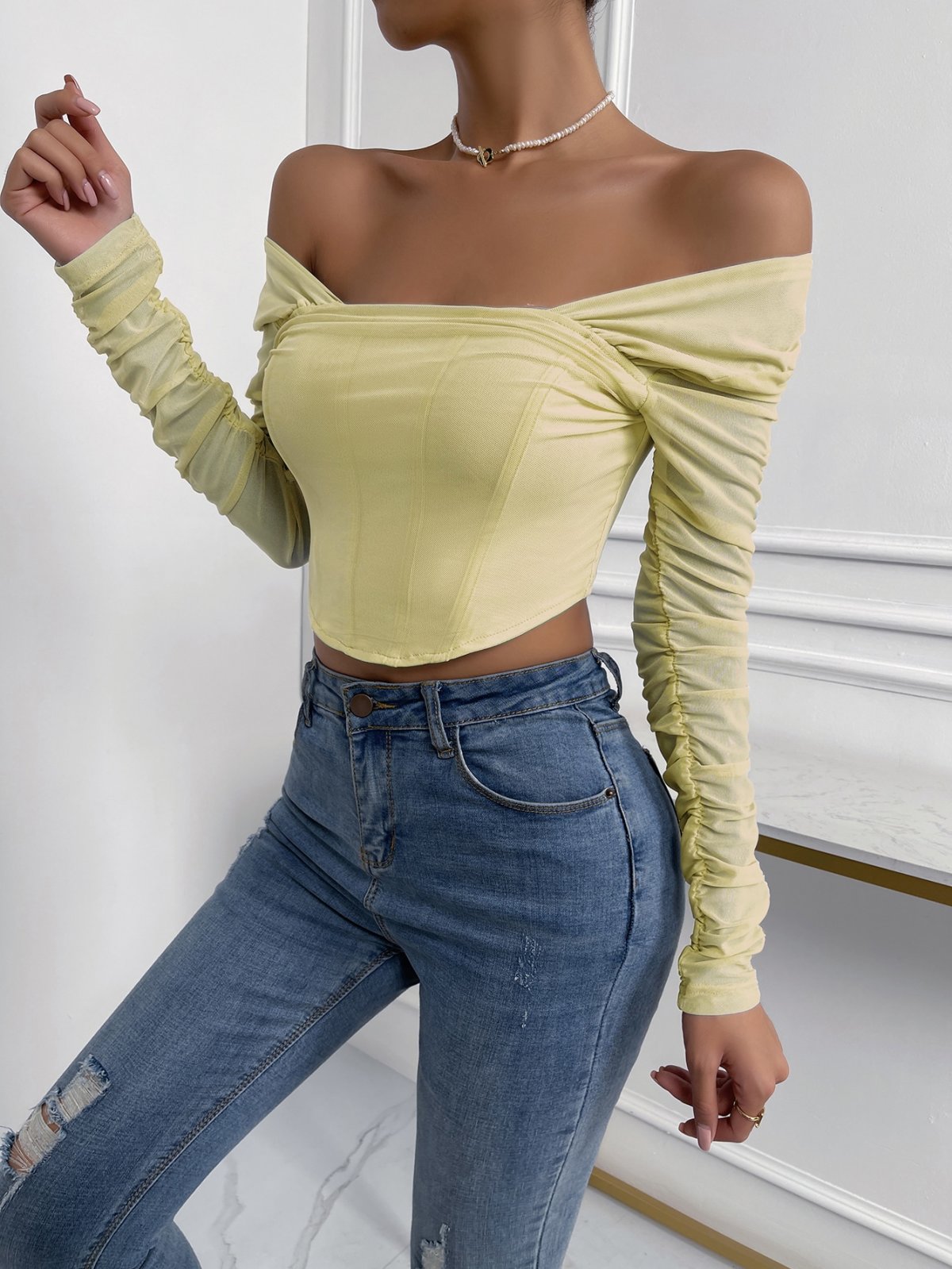 Off-Shoulder Mesh Sleeve Crop Top