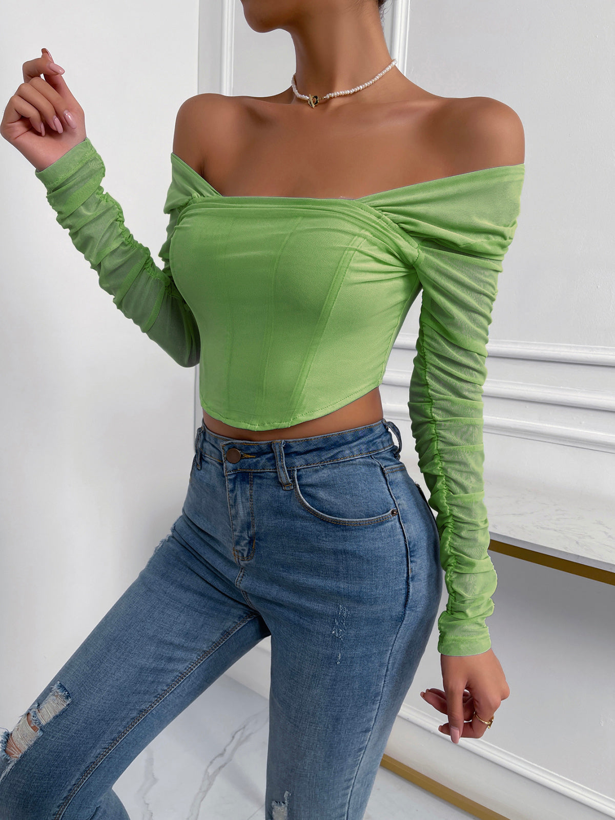 Off-Shoulder Mesh Sleeve Crop Top