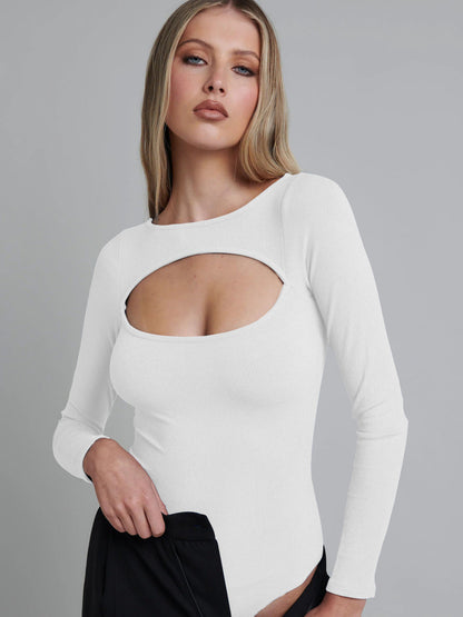 Cutout Long Sleeve Solid Bodysuit