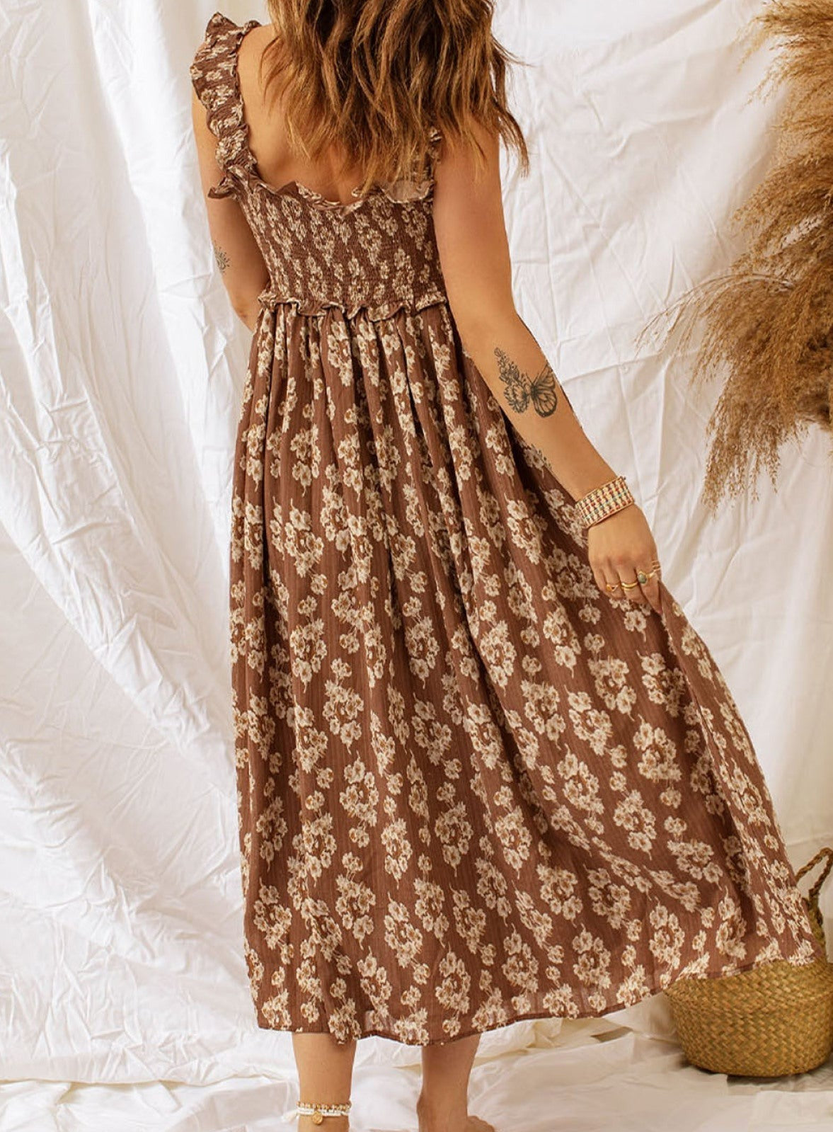 Ruffled Straps Smocked Floral Maxi Dress