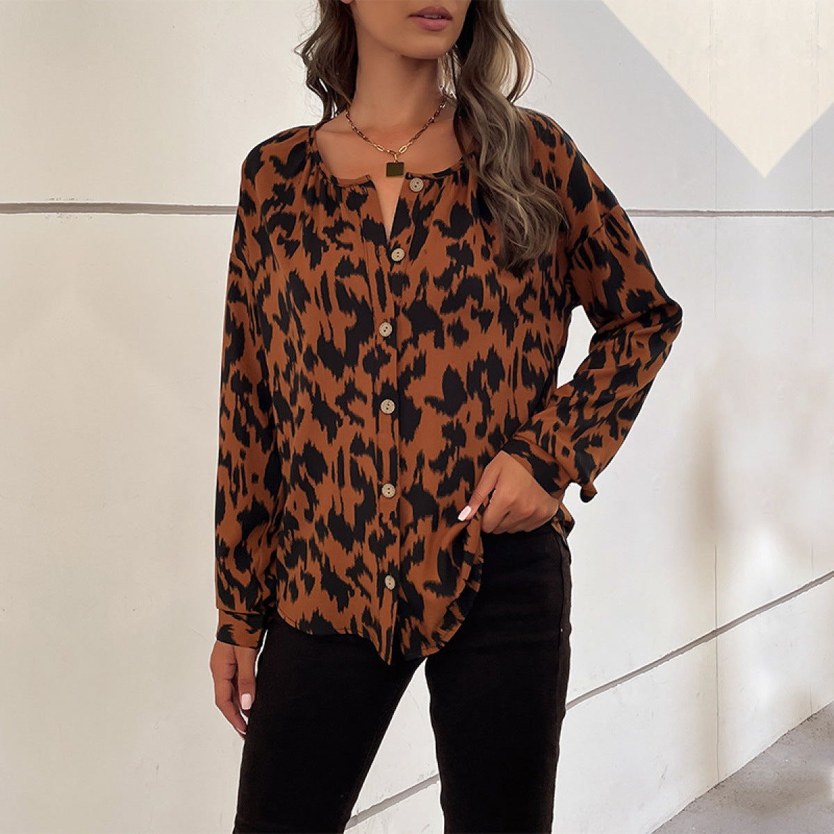 Round Neck Button Down Leopard Blouse