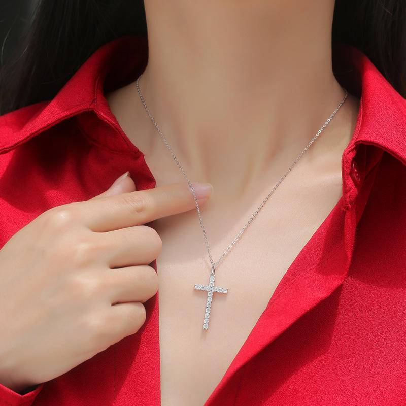 Cross-Shaped Sterling Silver Moissanite Pendant Necklace