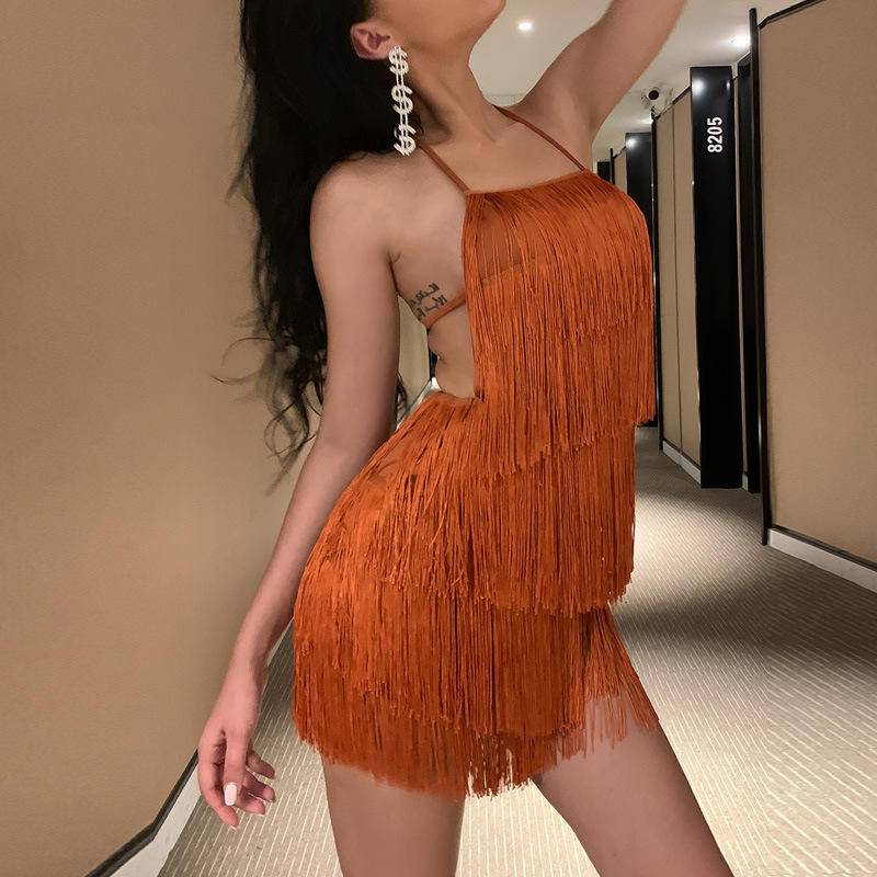 Solid Halter Backless Fringed Detail Romper