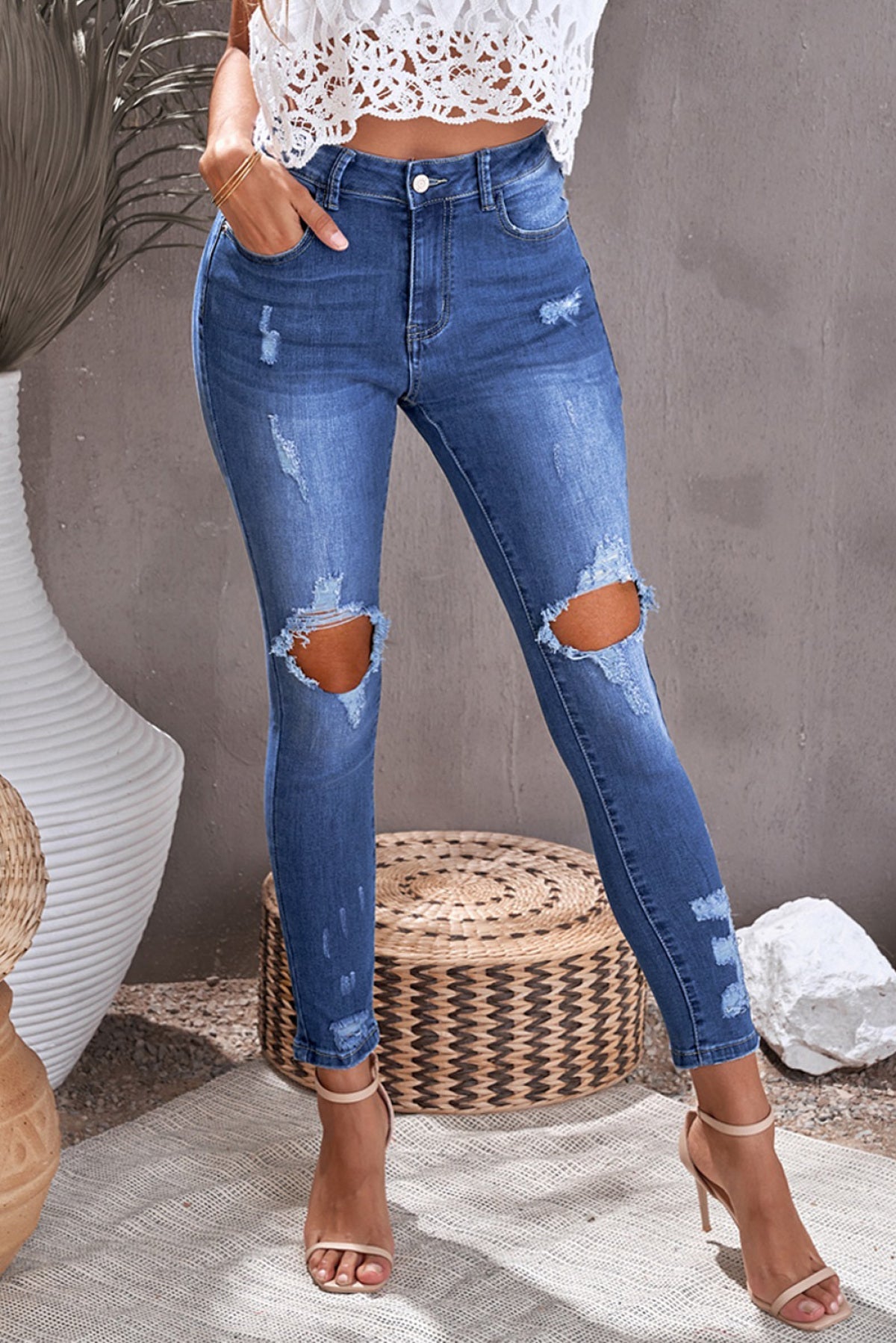 Blue Ripped Distressed High Waist Skinny Jeans