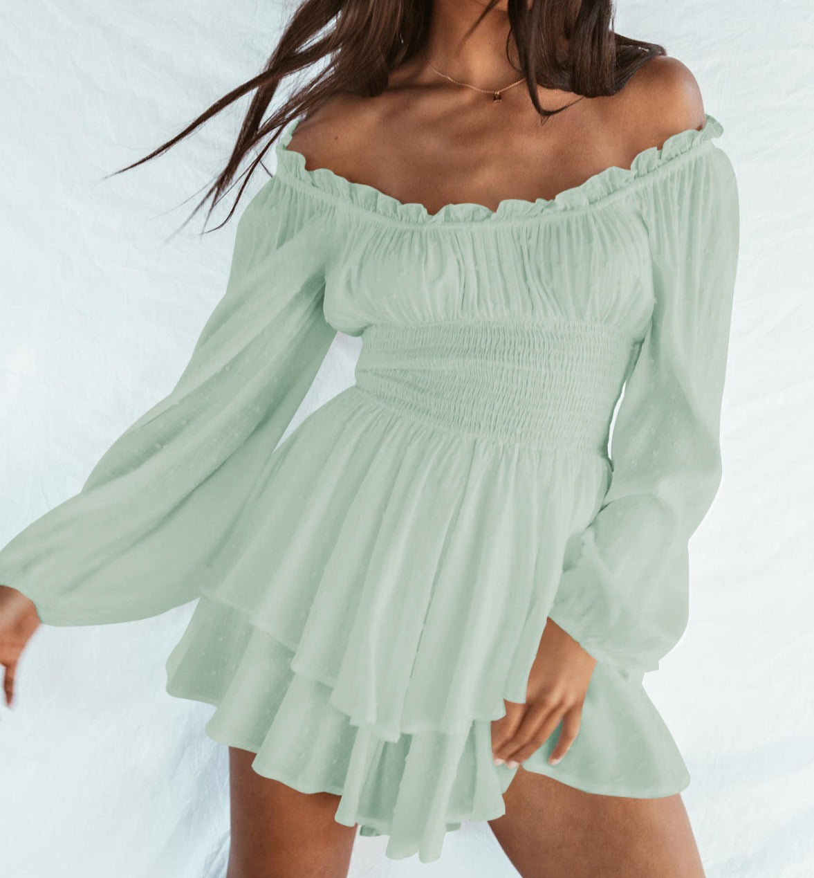 Off-Shoulder Smocked Elastic Waist Pleated Rompers