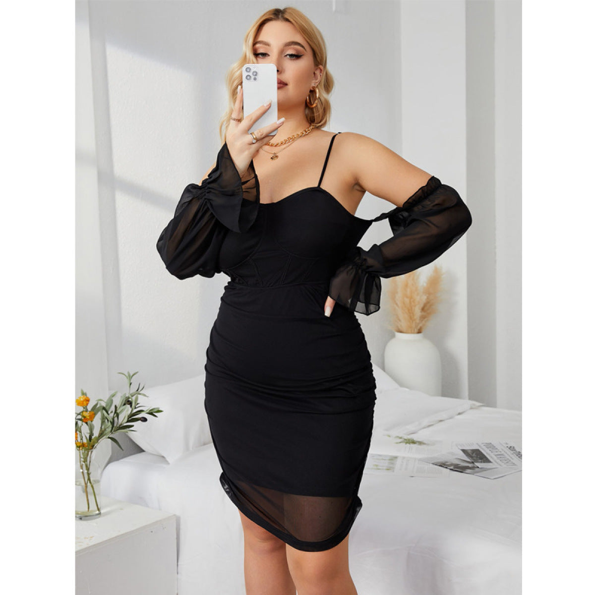 Black Cold-Shoulder Balloon Sleeve Mini Dress