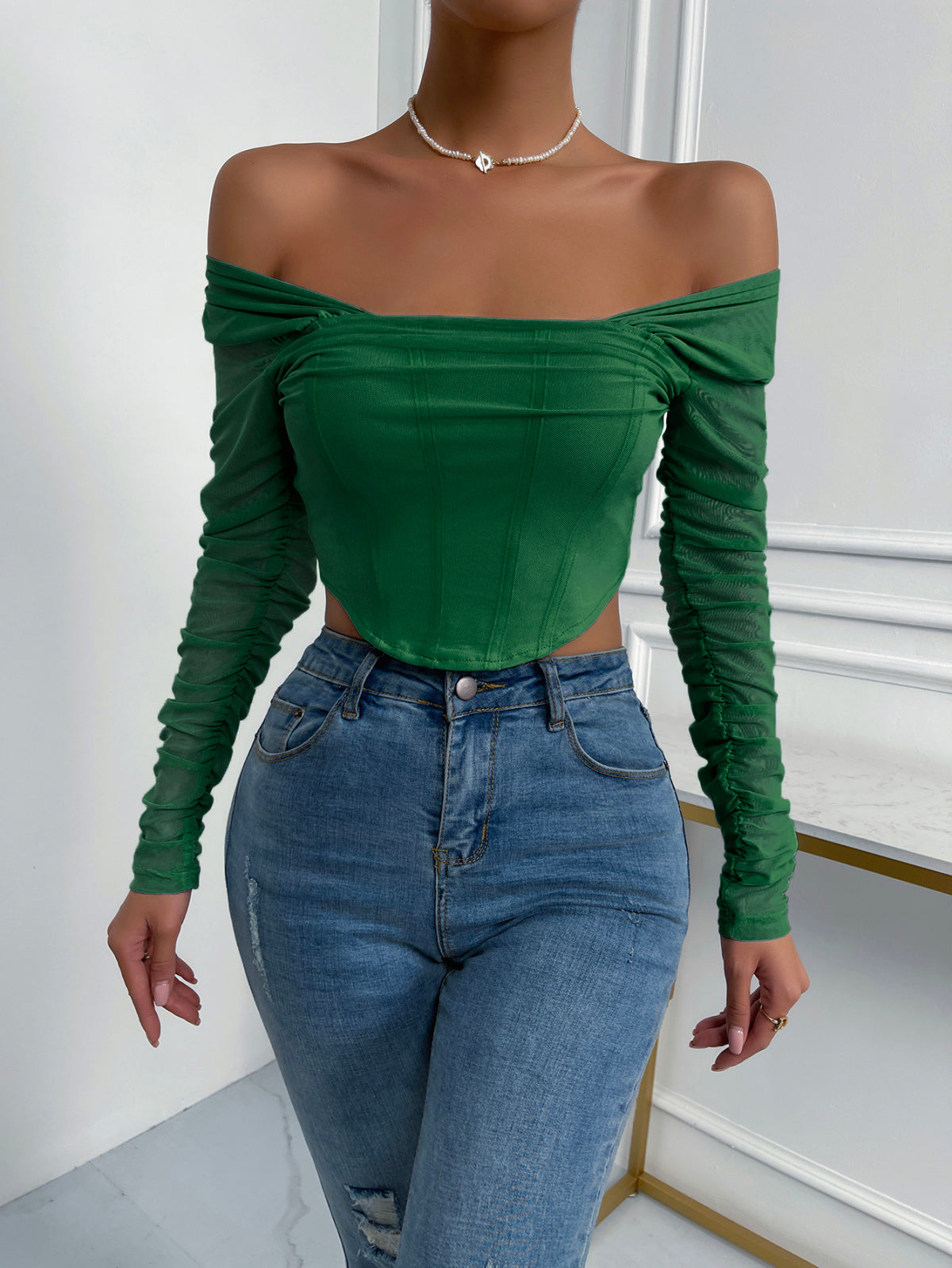 Off-Shoulder Mesh Sleeve Crop Top