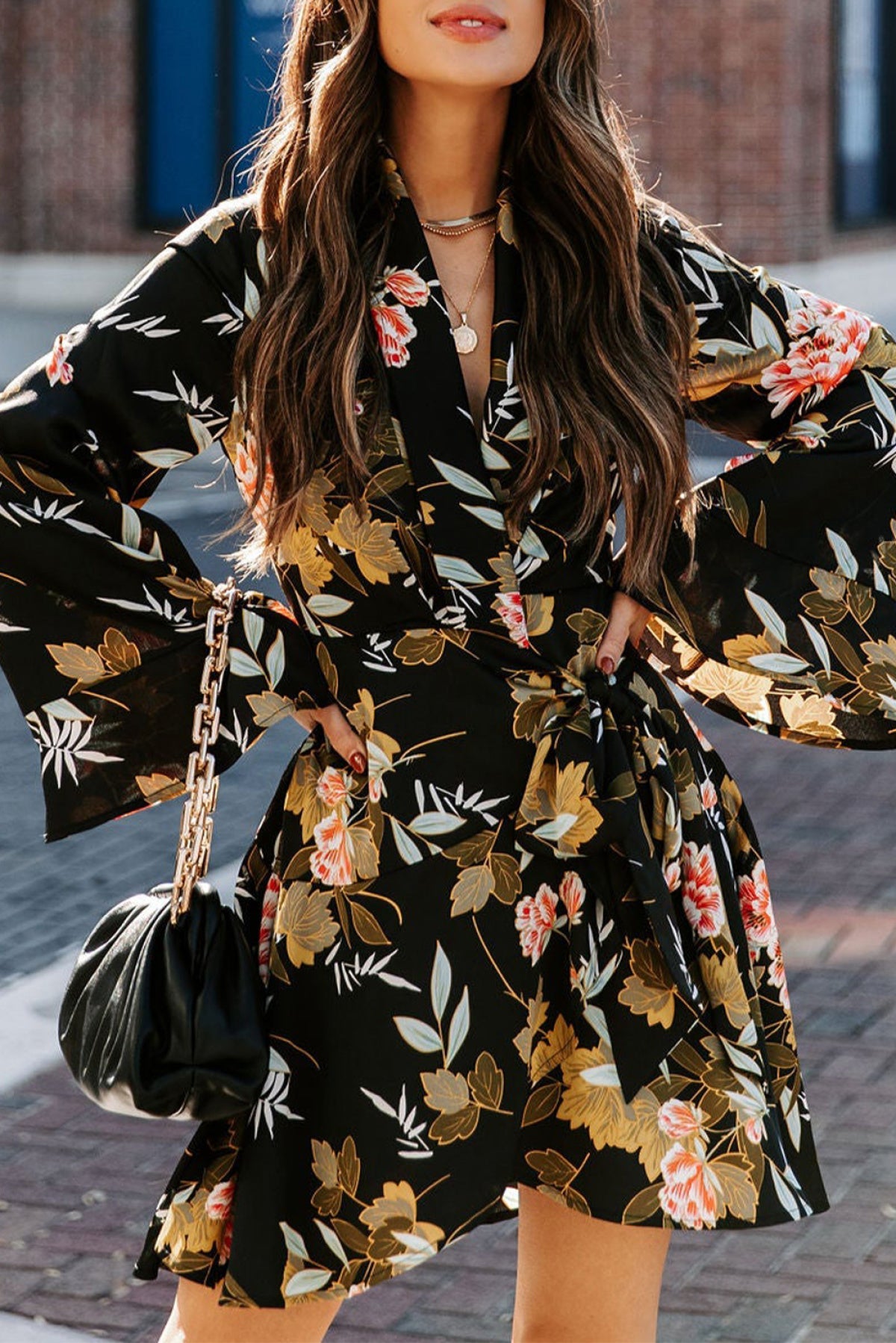 Black Palazzo Floral Ruffle Wrap Dress