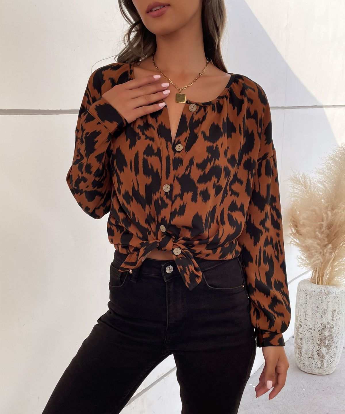 Round Neck Button Down Leopard Blouse