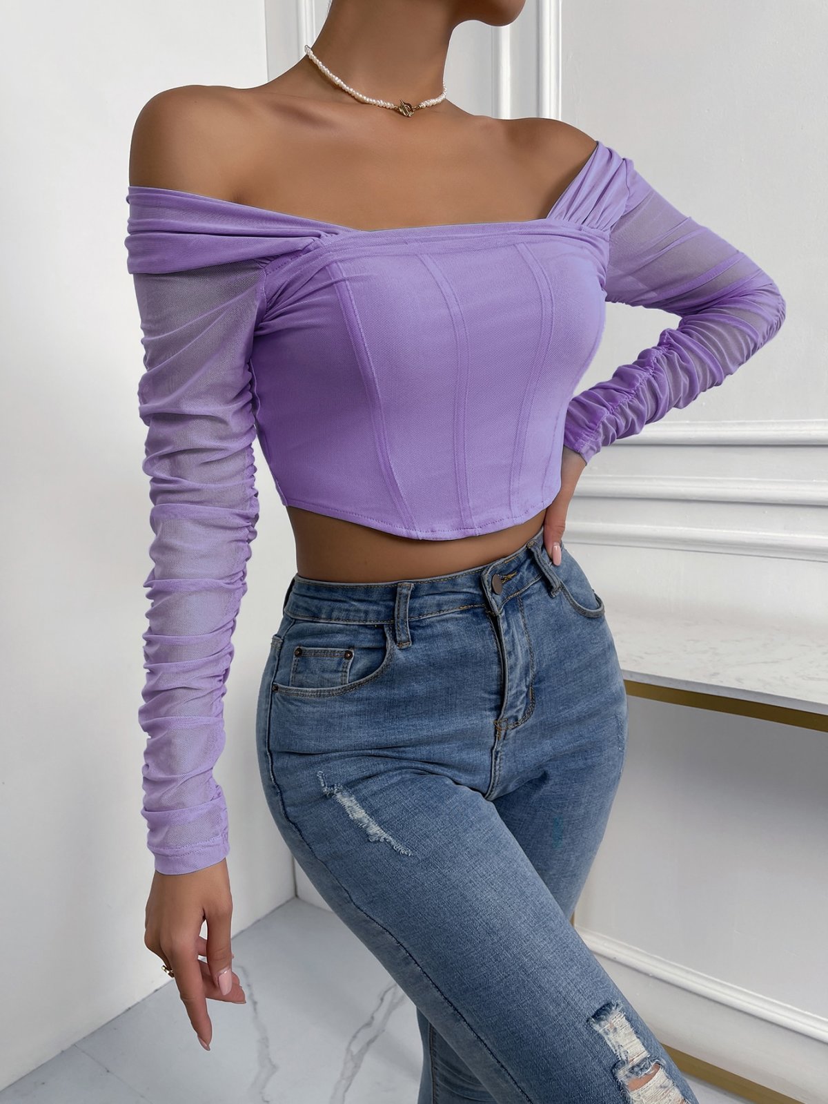 Off-Shoulder Mesh Sleeve Crop Top