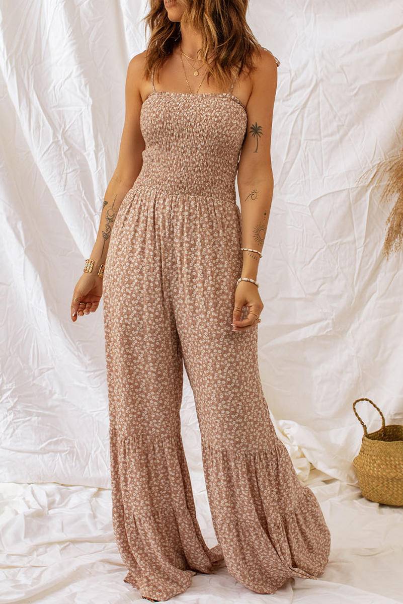 Straps Smocked Bodice Wide Leg Floral Jumpsuit