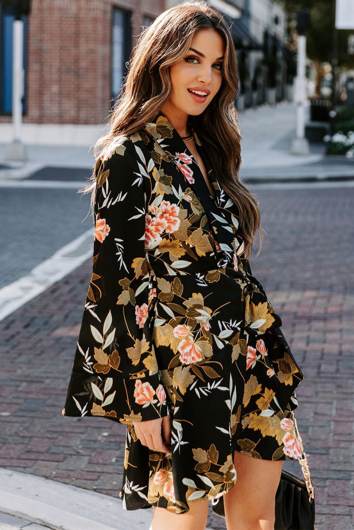 Black Palazzo Floral Ruffle Wrap Dress