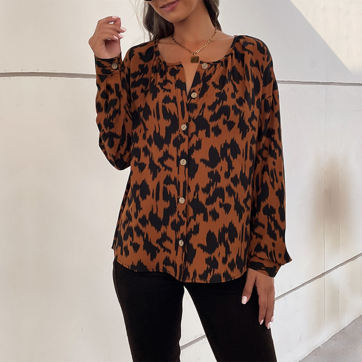 Round Neck Button Down Leopard Blouse