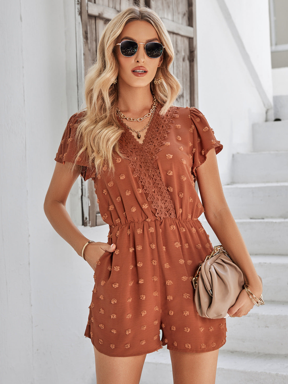 V-Neck Swiss-Dot Short-Sleeved Romper