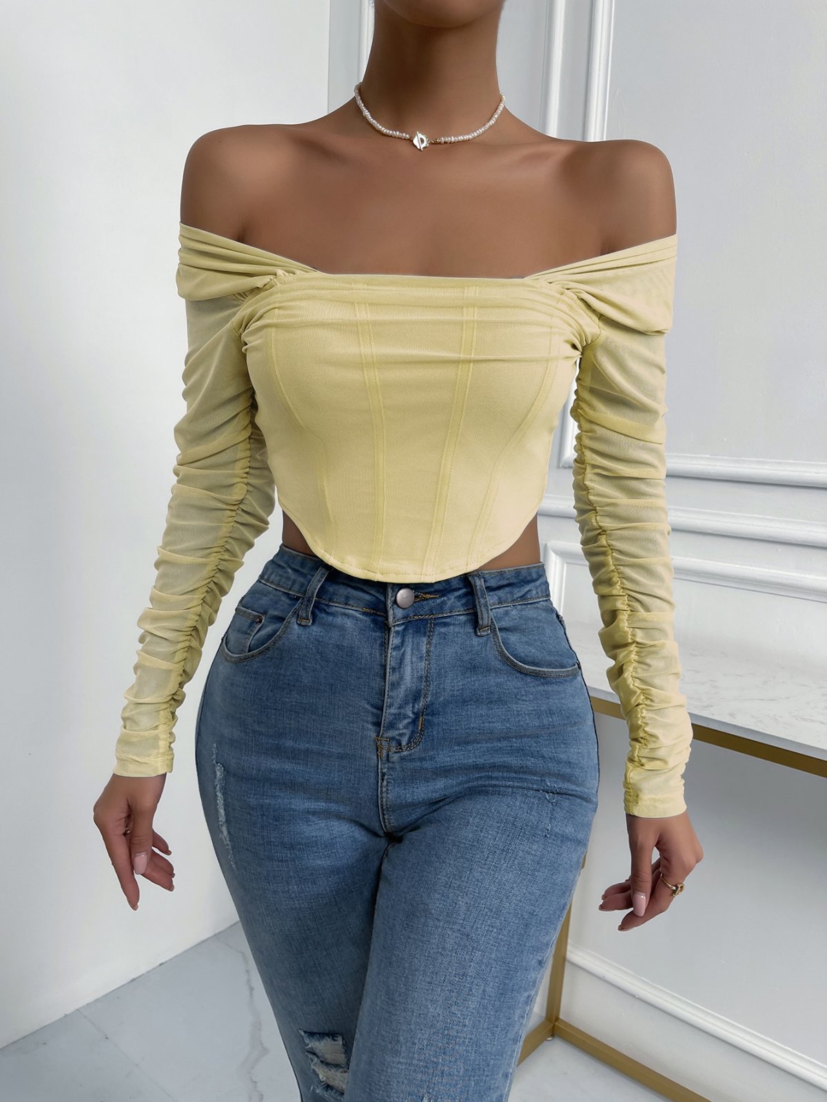 Off-Shoulder Mesh Sleeve Crop Top