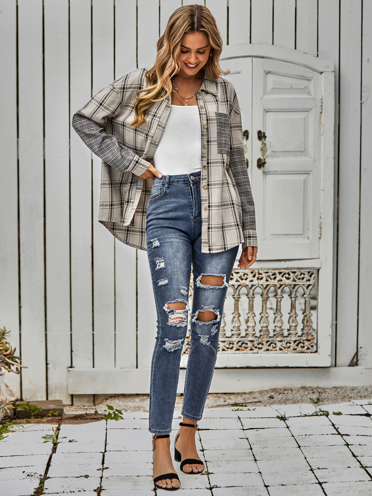 Collared Neck Long Sleeve Colorblock Plaid Blouse