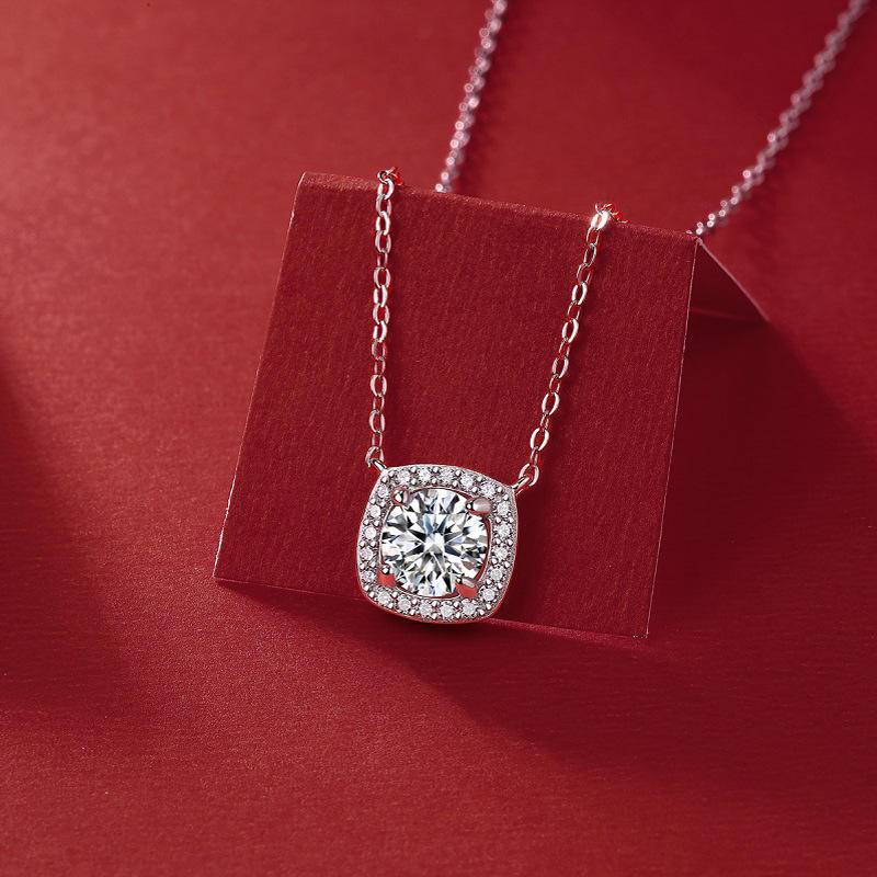 Sterling Silver Square-Shaped Moissanite Pendant Necklace