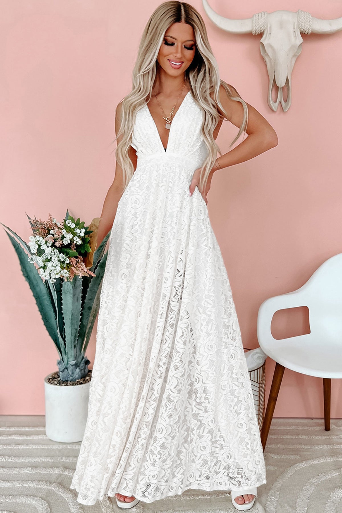 White Floral Lace Open Back Maxi Dress