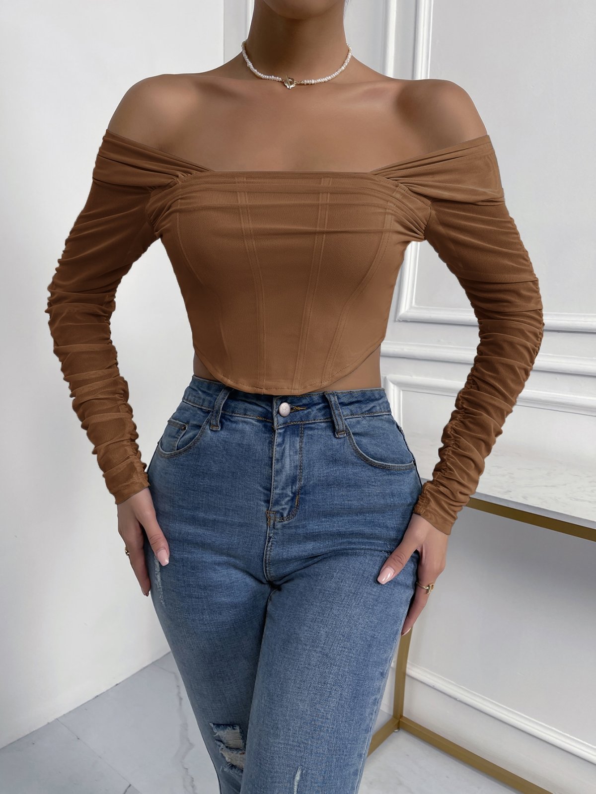 Off-Shoulder Mesh Sleeve Crop Top